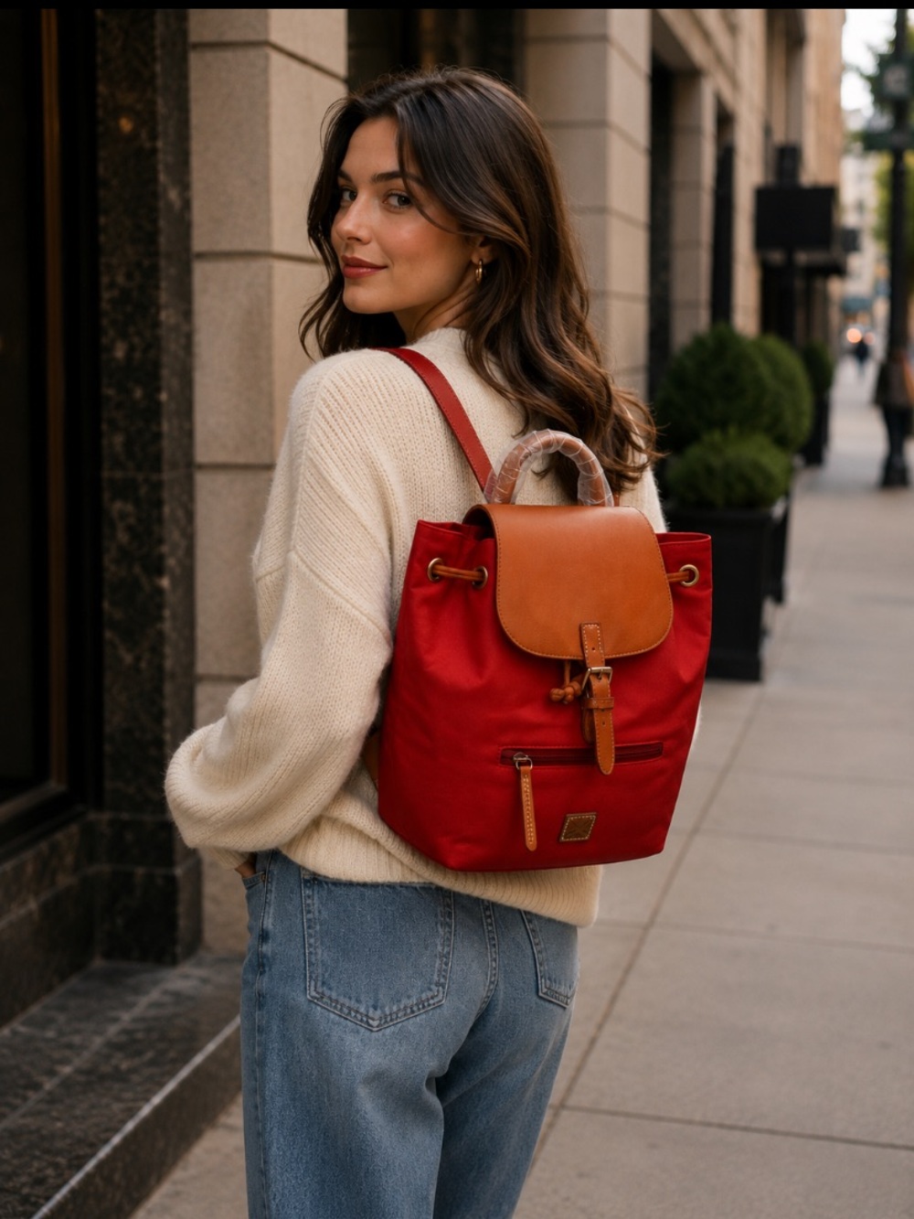 NEW Dooney & Bourke Wayfarer Nylon Backpack Red Tan Leather Trim Drawstring  Bag